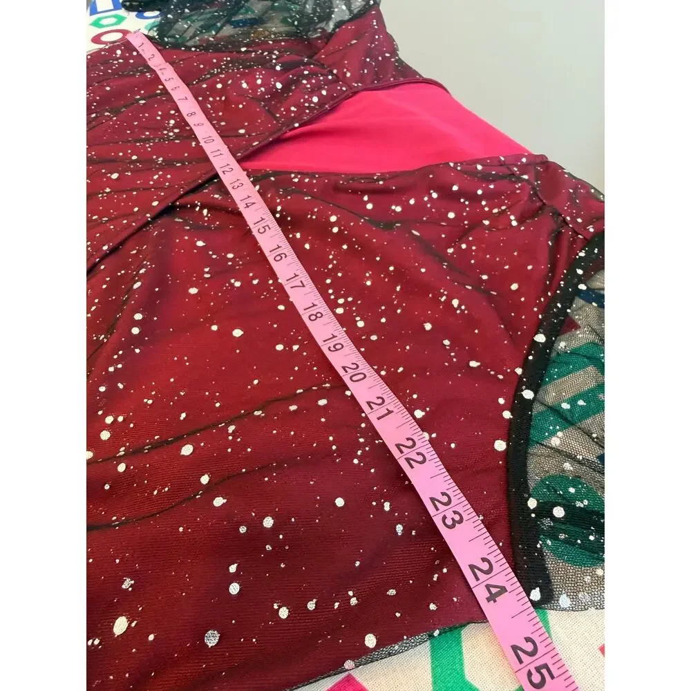 Red Dot Boutique Faux Wrap Dress NWT Burgundy Red Black Glitter Mesh Sleeve 3X
